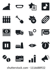 Set of vector isolated black icon - growth statistic vector, job, pills, eye, car delivery, flame disk, favorites list, pause button, alarm, music, calendar, sun panel, sold signboard, factory, cash