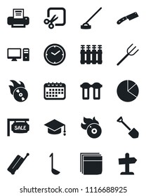Set of vector isolated black icon - suitcase vector, graduate, job, farm fork, hoe, flame disk, cut, clock, pie graph, blank box, printer, sale, ladle, knife, pc, water filter, radiator, calendar