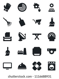 Set of vector isolated black icon - radar vector, rake, wheelbarrow, glove, picnic table, patch, tomography, satellite antenna, monitor, hdmi, themes, paper tray, sun panel, factory, dish, washer