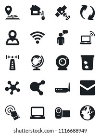 Set of vector isolated black icon - antenna vector, trash bin, wireless notebook, globe, speaking man, navigation, satellite, video camera, touch screen, laptop pc, share, update, mail, home control