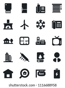 Set of vector isolated black icon - tv vector, radio phone, office, house with tree, plan, rent, building, estate search, agent, fireplace, fridge, smart home, rolling pin, water heater, snowflake