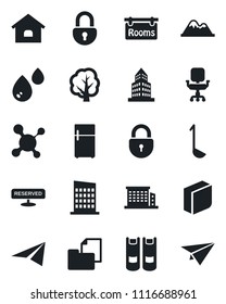 Set of vector isolated black icon - lock vector, book, tree, molecule, folder document, office building, chair, blank box, house, mountains, rooms, city, reserved, ladle, water, fridge, paper plane