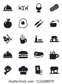 Set of vector isolated black icon - cafe vector, coffee, dish, alcohol, cook hat, bacon, waiter, egg stand, building, restaurant receipt, steak, kebab, hamburger, steaming pan, sushi, omelette