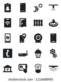 Set of vector isolated black icon - mobile tracking vector, phone back, router, web camera, home control app, gear, water, radiator, bulb, outdoor lamp, garage gate, sun panel, door, information