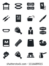 Set of vector isolated black icon - waiter vector, menu, salad, plates, bacon, cafe building, open close, alcove, restaurant receipt, kebab, ham, hot dog, cutting board, knife, steaming pan