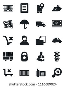 Set of vector isolated black icon - railroad vector, cash, traffic light, office phone, support, client, mobile tracking, sea shipping, cargo container, car delivery, consolidated, clipboard, heavy