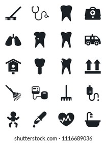 Set of vector isolated black icon - baby vector, rake, bird house, heart pulse, doctor case, stethoscope, blood pressure, dropper, ambulance car, lungs, tooth, caries, implant, up side sign