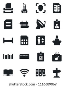 Set of vector isolated black icon - satellite antenna vector, elevator, signpost, bomb in case, reception, identity card, book, document, office phone, barcode, sim, wireless, face id, paper binder