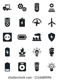 Set of vector isolated black icon - fork loader vector, factory, ripper, fire, remote control, speaker, low battery, protect, charge, sun panel, socket, energy saving bulb, windmill, gear, idea