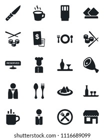 Set of vector isolated black icon - hot cup vector, spoon and fork, coffee, waiter, cook, alcohol, serviette, cafe, reserved, drink, restaurant receipt, ham, knife, sushi, storefront