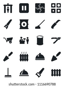 Set of vector isolated black icon - passport control vector, security gate, trowel, rake, wheelbarrow, pruner, saw, hoe, garden knife, oil barrel, pause button, application, heater, dish, radiator