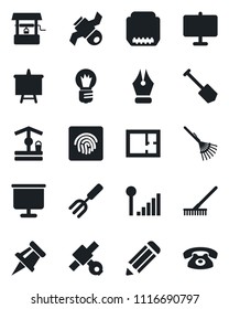 Set of vector isolated black icon - presentation board vector, bulb, job, pencil, garden fork, rake, well, satellite, hdmi, fingerprint id, cellular signal, drawing pin, ink pen, plan, phone