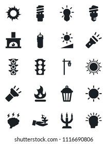 Set of vector isolated black icon - sun vector, brainstorm, fire, garden light, traffic, torch, brightness, fireplace, candle, bulb, energy saving, palm sproute, shining head