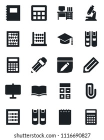 Set of vector isolated black icon - book vector, calculator, graduate, abacus, desk, notepad, pencil, microscope, notes, copybook, presentation board, paper clip
