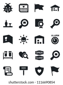 Set of vector isolated black icon - contract vector, lady bug, plant label, blood test vial, heart diagnostic, shield, medical calendar, search cargo, sertificate, warehouse, alcohol, wine card