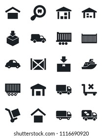 Set of vector isolated black icon - sea shipping vector, truck trailer, cargo container, car delivery, warehouse storage, no trolley, package, search, moving