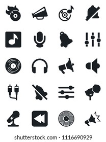 Set of vector isolated black icon - vinyl vector, flame disk, microphone, speaker, loudspeaker, settings, headphones, rewind, rca, tuning, bell, mute, music, advertising