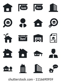 Set of vector isolated black icon - office building vector, house, with garage, tree, estate document, rent, sold signboard, search, agent, smart home, city, eco, message