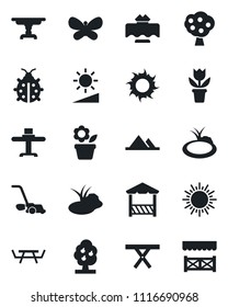 Set of vector isolated black icon - sun vector, flower in pot, lawn mower, butterfly, lady bug, pond, picnic table, brightness, fruit tree, mountains, restaurant, alcove