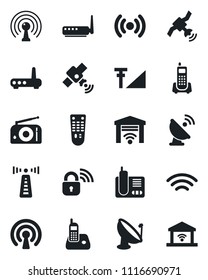 Set of vector isolated black icon - antenna vector, office phone, satellite, radio, remote control, wireless, cellular signal, lock, router, garage gate