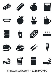 Set of vector isolated black icon - hot cup vector, seedling, plant label, diet, drink, phyto bar, bacon, bread, kebab, dog, apple fruit, fridge, palm sproute