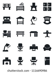 Set of vector isolated black icon - checkroom vector, office chair, desk, bench, fireplace, lamp, bedroom, children room, cushioned furniture, restaurant table, alcove, fridge
