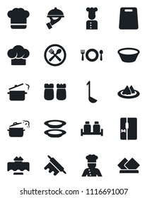 Set of vector isolated black icon - fridge vector, cook, restaurant table, serviette, cafe, hat, plates, waiter, salt and pepper, ladle, bowl, rolling pin, cutting board, steaming pan