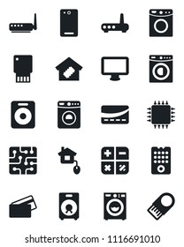Set of vector isolated black icon - washer vector, calculator, monitor, speaker, phone back, smart home, credit card, control, chip, remote, router, usb flash