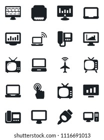 Set of vector isolated black icon - plane radar vector, wireless notebook, pc, statistic monitor, pulse, tv, touch screen, laptop, hdmi, statistics, intercome