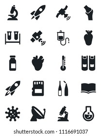Set of vector isolated black icon - satellite antenna vector, book, blood test vial, dropper, microscope, ampoule, real heart, joint, virus, sd, thermometer, rocket, flask
