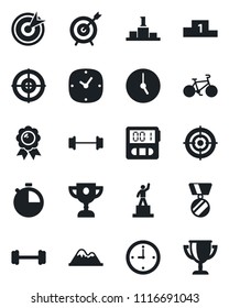 Set of vector isolated black icon - pedestal vector, medal, barbell, bike, clock, stopwatch, target, mountains, award cup