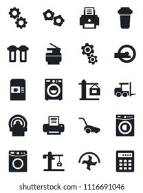 Set of vector isolated black icon - coffee machine vector, fork loader, gear, ripper, lawn mower, tomography, printer, copier, washer, crane, water filter, combination lock