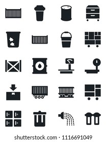 Set of vector isolated black icon - trash bin vector, checkroom, bucket, watering, railroad, truck trailer, cargo container, consolidated, package, oil barrel, heavy scales, archive box