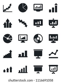 Set of vector isolated black icon - growth statistic vector, presentation board, crisis graph, monitor, circle chart, statistics, bar, pie, point, arrow up