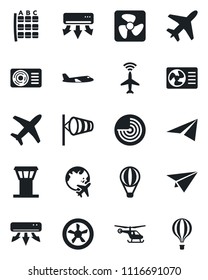Set of vector isolated black icon - plane vector, airport tower, radar, wind, helicopter, seat map, globe, air conditioner, fan, paper, balloon