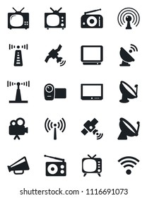 Set of vector isolated black icon - antenna vector, satellite, radio, loudspeaker, tv, video camera, wireless