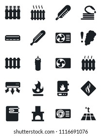 Set of vector isolated black icon - fire vector, hose, fireplace, thermometer, heater, air conditioner, candle, water, smoke detector, radiator, warm floor