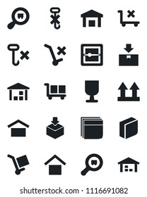 Set of vector isolated black icon - fragile vector, cargo, warehouse storage, up side sign, no trolley, hook, package, search, scanner, blank box