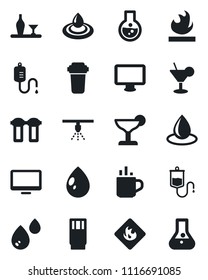 Set of vector isolated black icon - hot cup vector, water drop, dropper, flammable, monitor, alcohol, drink, cocktail, filter, sprinkler, flask