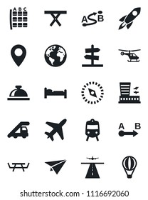 Set of vector isolated black icon - plane vector, runway, train, reception bell, bed, ladder car, helicopter, seat map, airport building, picnic table, earth, pin, route, compass, rocket, paper