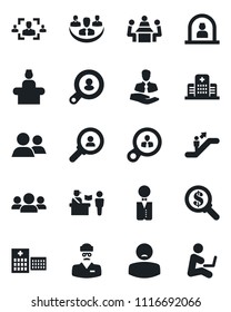 Set of vector isolated black icon - passport control vector, escalator, reception, hospital, doctor, patient, client, group, company, hr, meeting, search, waiter, consumer, money, man with notebook