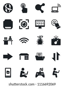 Set of vector isolated black icon - bomb in case vector, wireless notebook, right arrow, desk, monitor pulse, virus, gamepad, network, touch screen, share, hdmi, data exchange, document folder