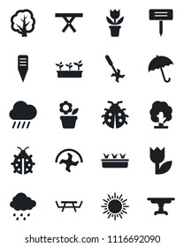 Set of vector isolated black icon - umbrella vector, sun, flower in pot, ripper, tree, lady bug, seedling, rain, plant label, picnic table, tulip