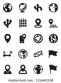 Set of vector isolated black icon - globe vector, seat map, route, navigation, earth, pin, mobile tracking, network, place tag, flag