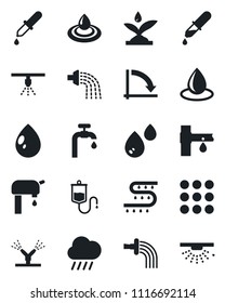 Set of vector isolated black icon - crisis graph vector, watering, water drop, rain, drip irrigation, dropper, menu, supply, sprinkler