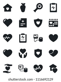 Set of vector isolated black icon - heart vector, pulse, diagnosis, blood pressure, diagnostic, shield, hand, real, medical calendar, clipboard, sweet home
