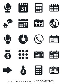Set of vector isolated black icon - right arrow vector, calendar, circle chart, microphone, menu, calculator, phone, home message, money bag