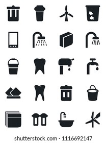 Set of vector isolated black icon - trash bin vector, shower, bucket, tooth, mobile, blank box, water supply, bathroom, serviette, filter, windmill