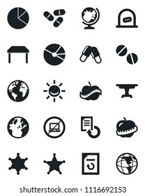 Set of vector isolated black icon - no laptop vector, ticket office, globe, document reload, pills, diet, earth, pie graph, table, police, alarm led