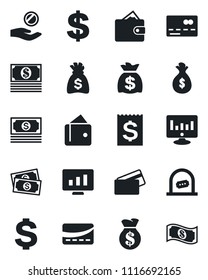 Set of vector isolated black icon - credit card vector, ticket office, dollar sign, money bag, statistic monitor, cash, receipt, wallet, investment